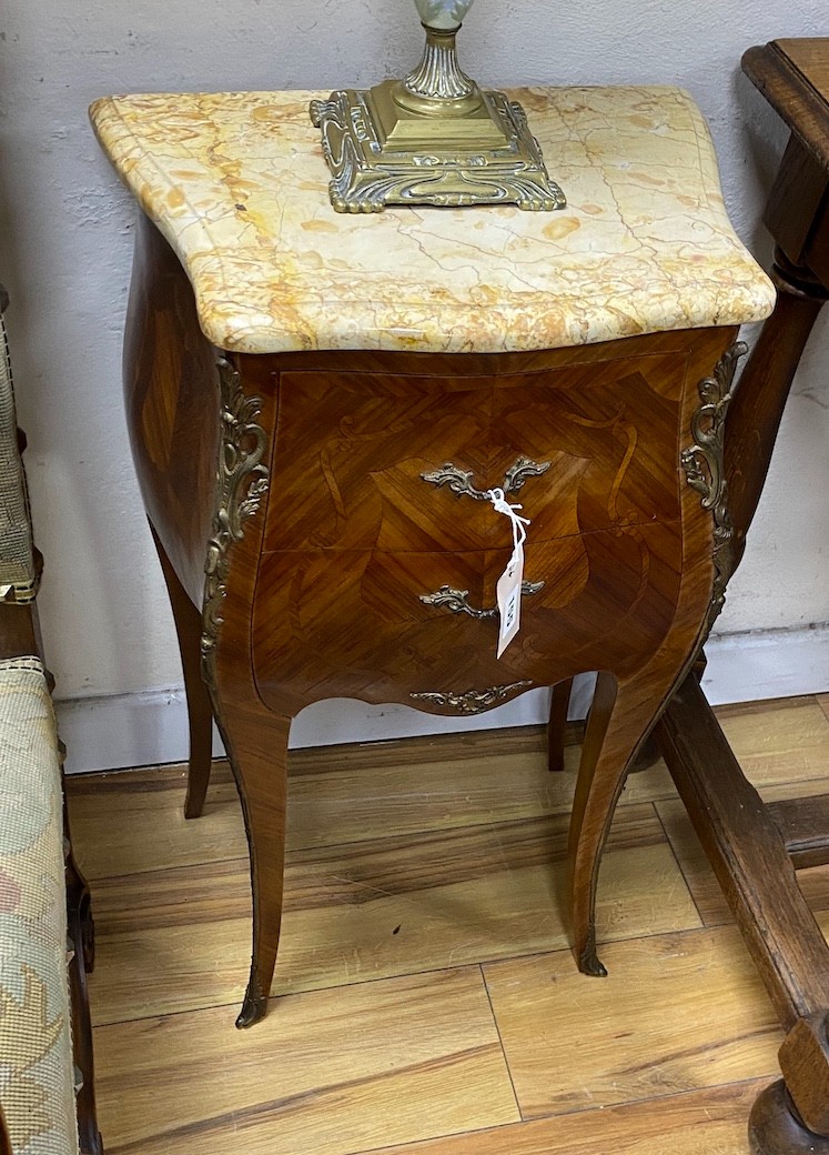A pair of Louis XVI style marble top kingwood serpentine bombe bedside chests, width 42cm, depth 29cm, height 72cm